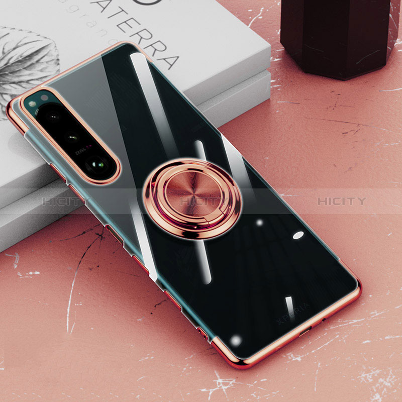 Custodia Silicone Trasparente Ultra Slim Cover Morbida con Magnetico Anello Supporto per Sony Xperia 5 III SO-53B Oro Rosa
