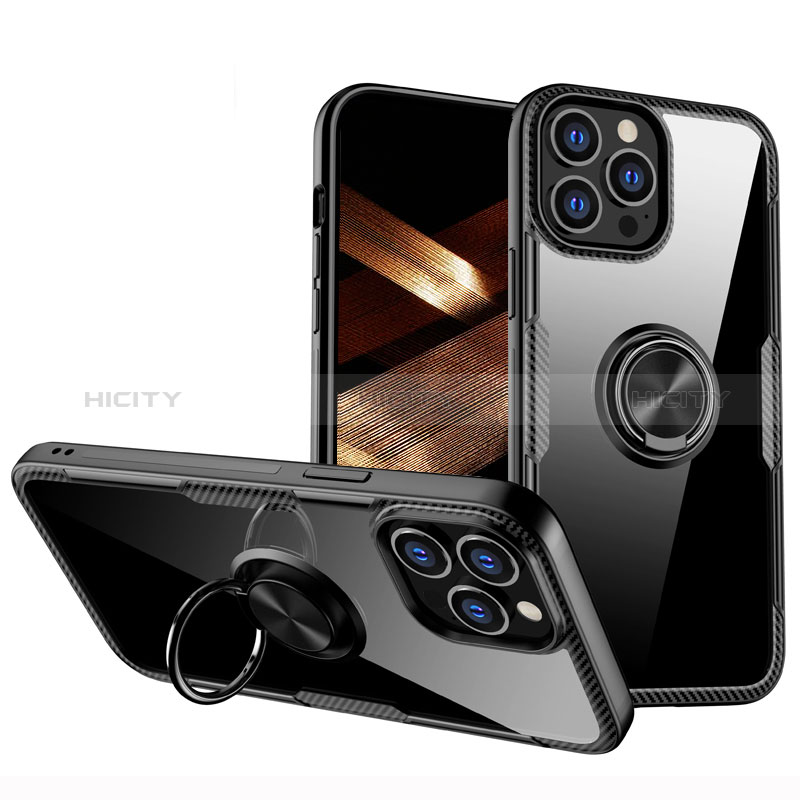 Custodia Silicone Trasparente Ultra Slim Cover Morbida con Magnetico Anello Supporto S01 per Apple iPhone 14 Pro Max Nero