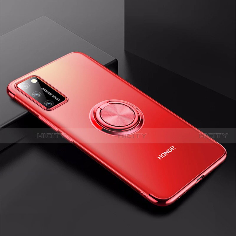 Custodia Silicone Trasparente Ultra Slim Cover Morbida con Magnetico Anello Supporto S01 per Huawei Honor V30 5G Rosso