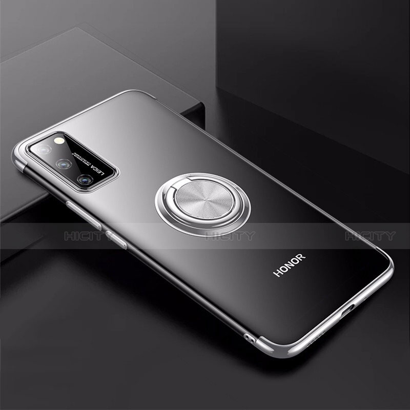 Custodia Silicone Trasparente Ultra Slim Cover Morbida con Magnetico Anello Supporto S01 per Huawei Honor View 30 5G Argento