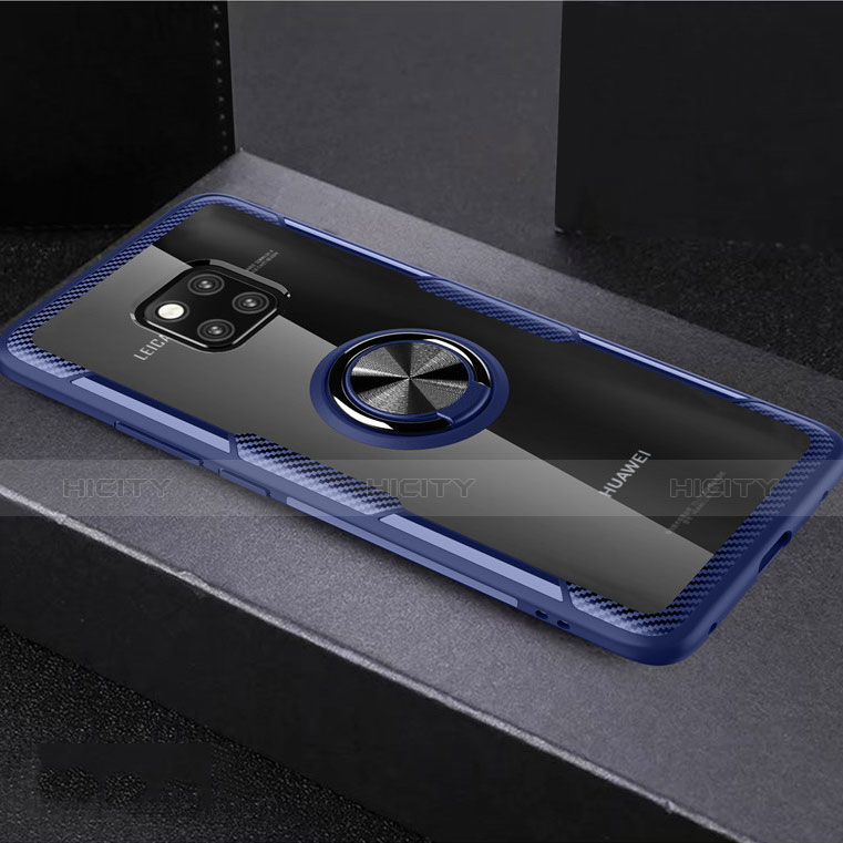 Custodia Silicone Trasparente Ultra Slim Cover Morbida con Magnetico Anello Supporto S02 per Huawei Mate 20 Pro Blu