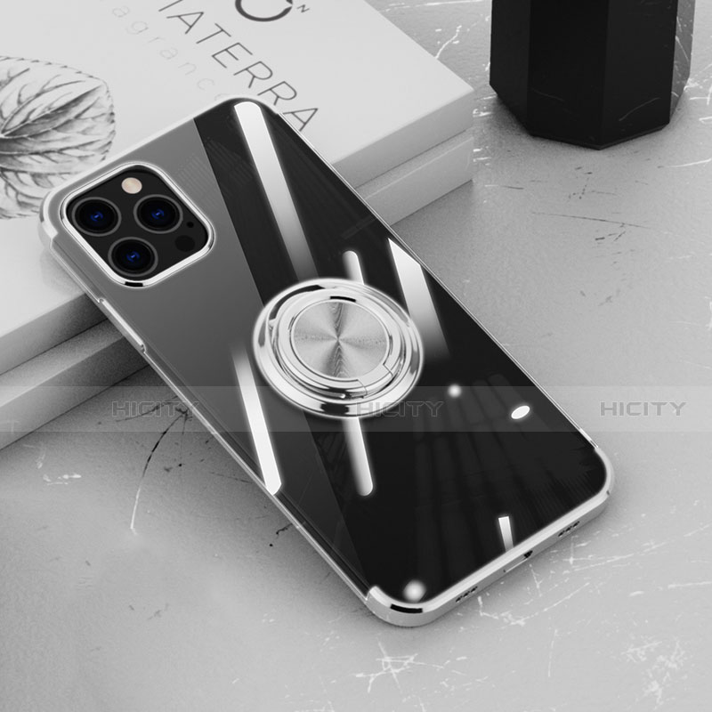 Custodia Silicone Trasparente Ultra Slim Cover Morbida con Magnetico Anello Supporto Z02 per Apple iPhone 13 Pro Argento