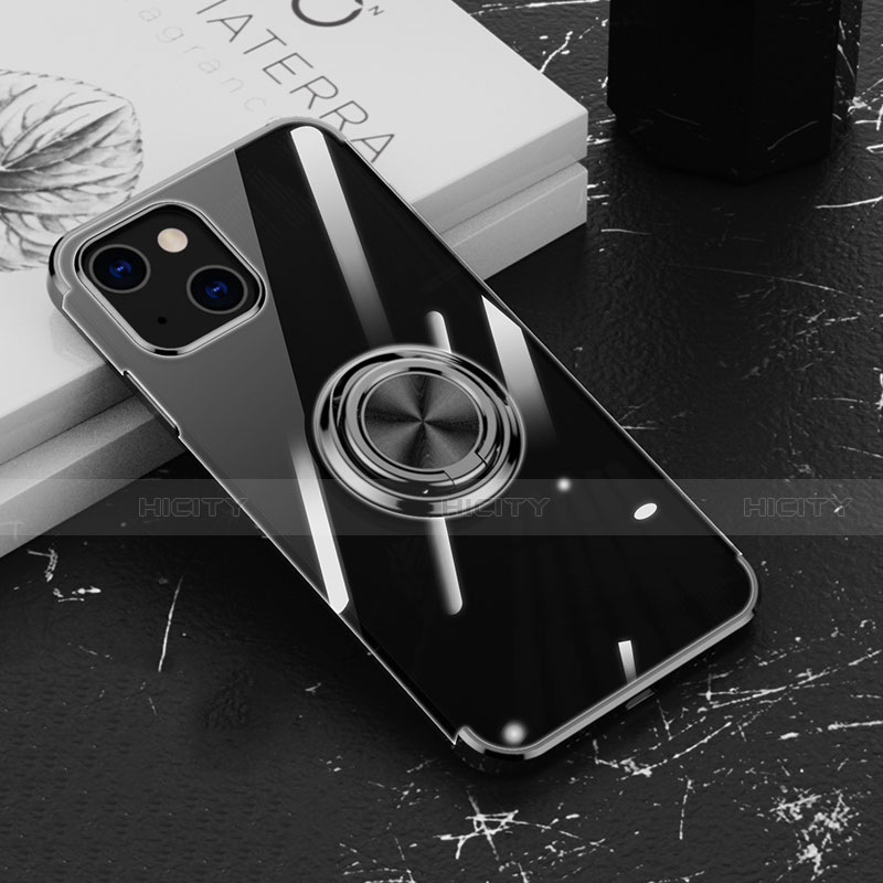 Custodia Silicone Trasparente Ultra Slim Cover Morbida con Magnetico Anello Supporto Z02 per Apple iPhone 14 Plus Nero