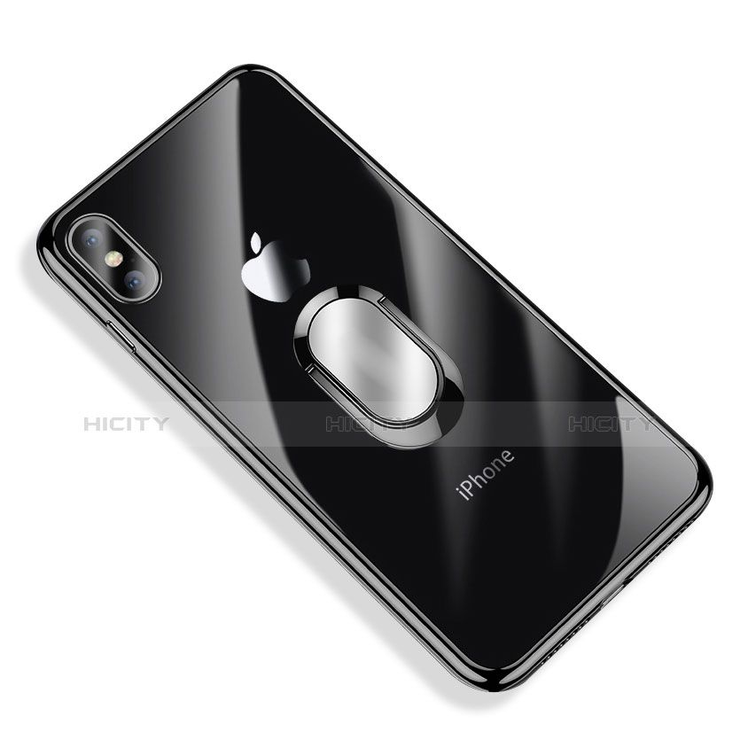 Custodia Silicone Trasparente Ultra Slim Morbida con Anello Supporto T01 per Apple iPhone Xs Nero