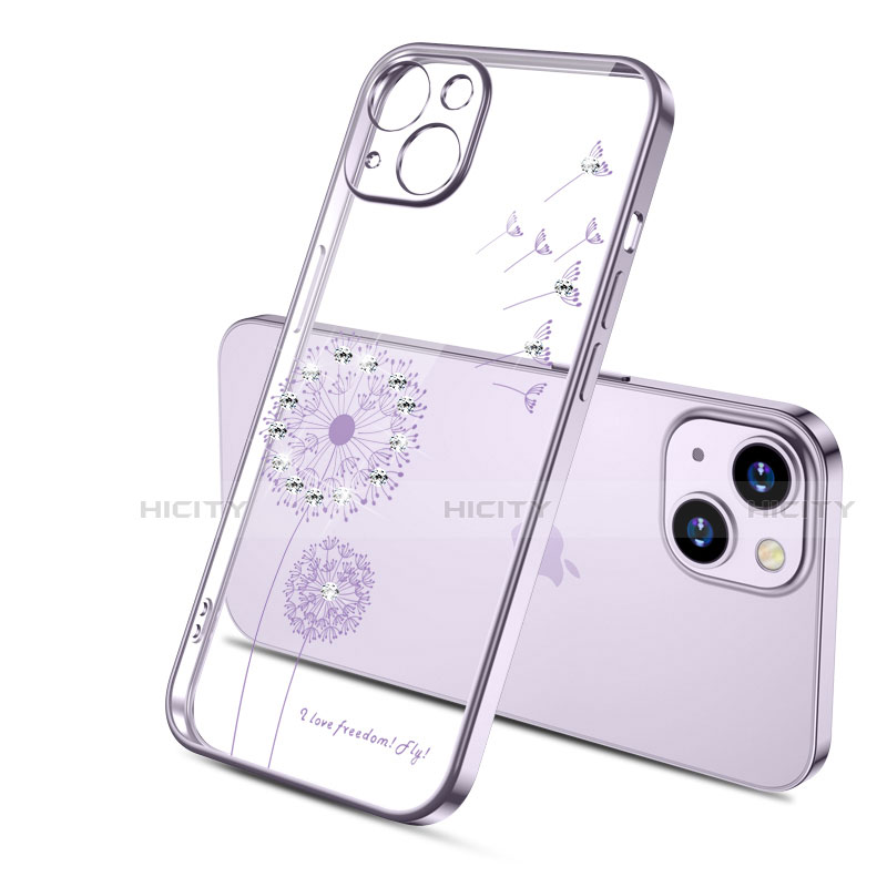 Custodia Silicone Trasparente Ultra Sottile Cover Fiori per Apple iPhone 15 Plus Viola