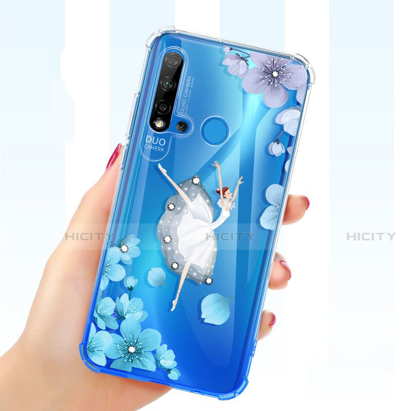 Custodia Silicone Trasparente Ultra Sottile Cover Fiori per Huawei Nova 5i Blu