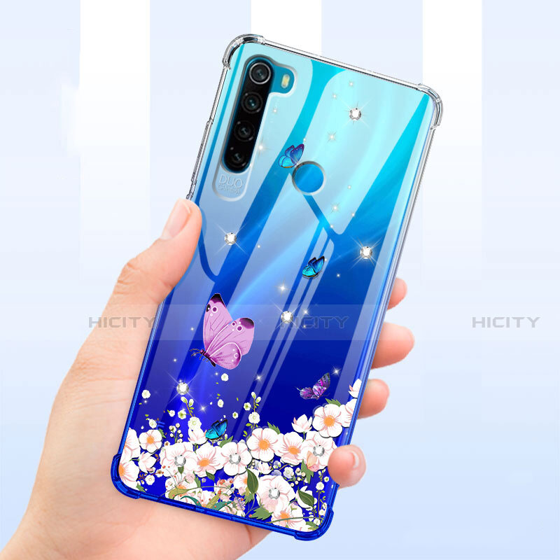 Custodia Silicone Trasparente Ultra Sottile Cover Fiori T01 per Xiaomi Redmi Note 8 (2021) Blu