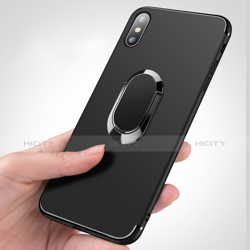 Custodia Silicone Trasparente Ultra Sottile Morbida con Anello Supporto R01 per Apple iPhone Xs Nero