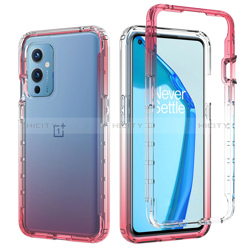 Custodia Silicone Trasparente Ultra Sottile Morbida Cover Fronte e Retro 360 Gradi Sfumato JX1 per OnePlus 9 5G Rosso