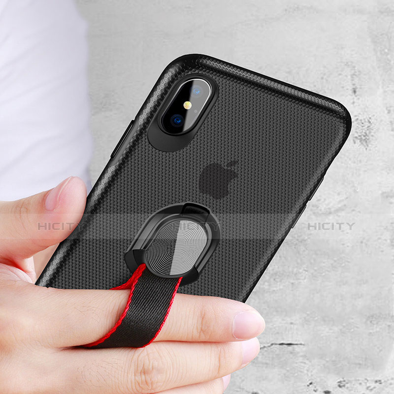 Custodia Silicone Ultra Sottile Morbida con Anello Supporto T01 per Apple iPhone Xs Nero