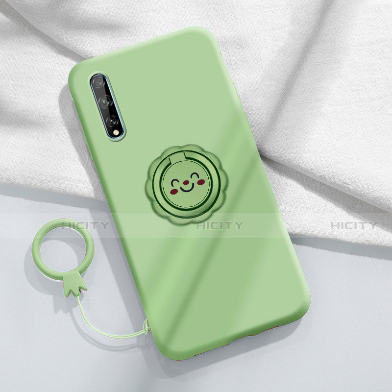 Custodia Silicone Ultra Sottile Morbida Cover con Magnetico Anello Supporto A01 per Huawei Enjoy 10S Ciano