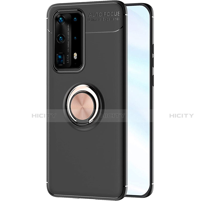 Custodia Silicone Ultra Sottile Morbida Cover con Magnetico Anello Supporto A01 per Huawei P40 Pro+ Plus Oro e Nero