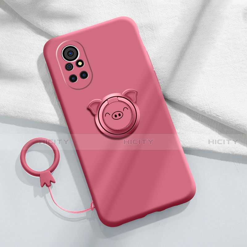 Custodia Silicone Ultra Sottile Morbida Cover con Magnetico Anello Supporto A02 per Huawei Nova 8 Pro 5G Rosso Rosa