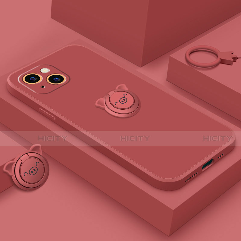 Custodia Silicone Ultra Sottile Morbida Cover con Magnetico Anello Supporto A07 per Apple iPhone 15 Plus Rosso