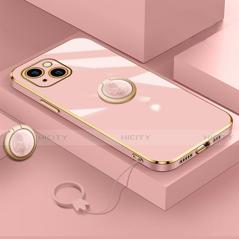 Custodia Silicone Ultra Sottile Morbida Cover con Magnetico Anello Supporto A08 per Apple iPhone 13 Mini Oro Rosa