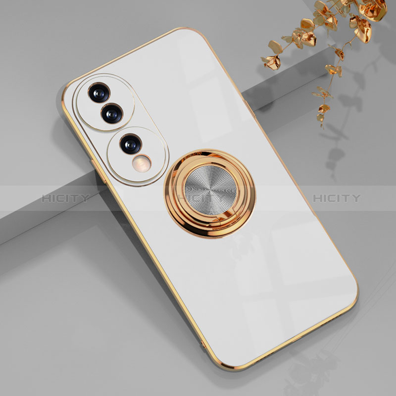 Custodia Silicone Ultra Sottile Morbida Cover con Magnetico Anello Supporto AN1 per Huawei Honor X7b Bianco