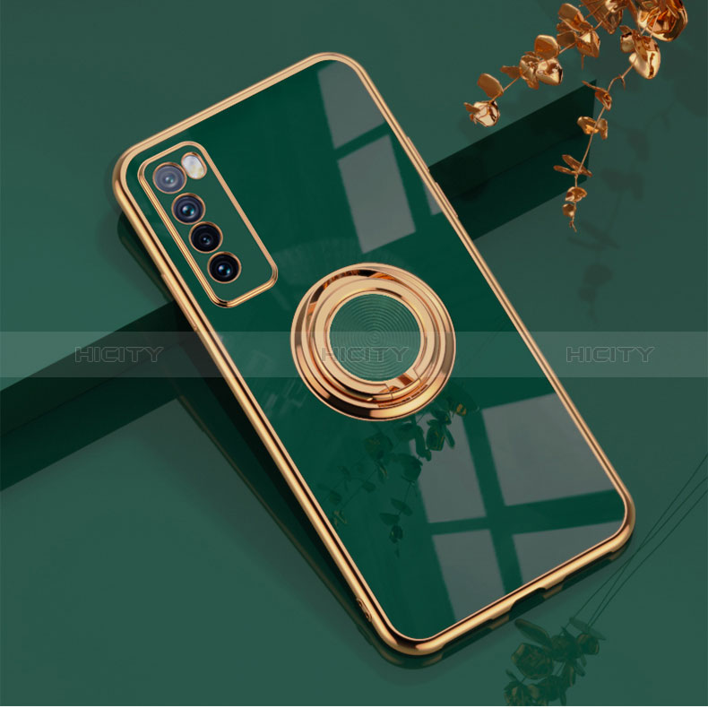 Custodia Silicone Ultra Sottile Morbida Cover con Magnetico Anello Supporto AN1 per Huawei Nova 7 5G Verde