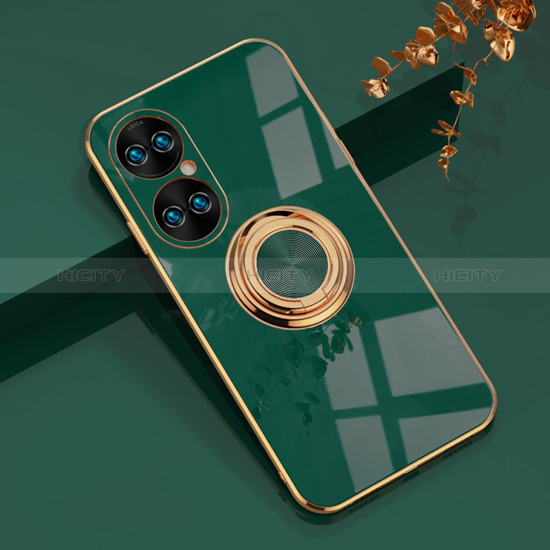 Custodia Silicone Ultra Sottile Morbida Cover con Magnetico Anello Supporto AN1 per Huawei P50 Verde