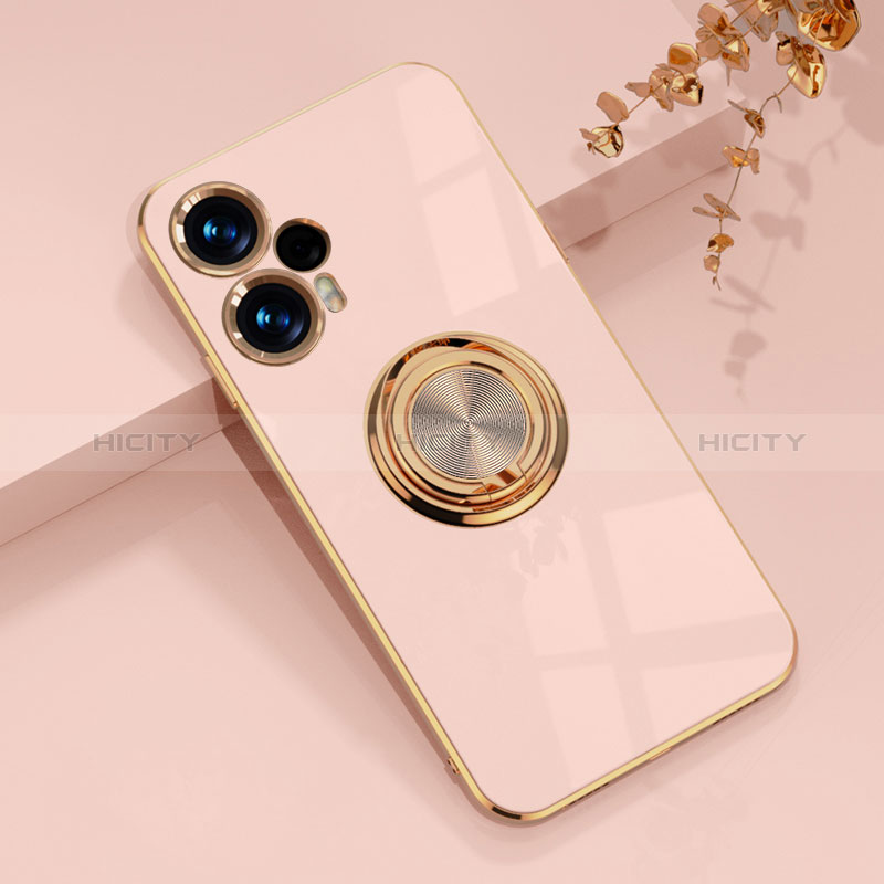 Custodia Silicone Ultra Sottile Morbida Cover con Magnetico Anello Supporto AN1 per Xiaomi Poco F5 5G Oro Rosa