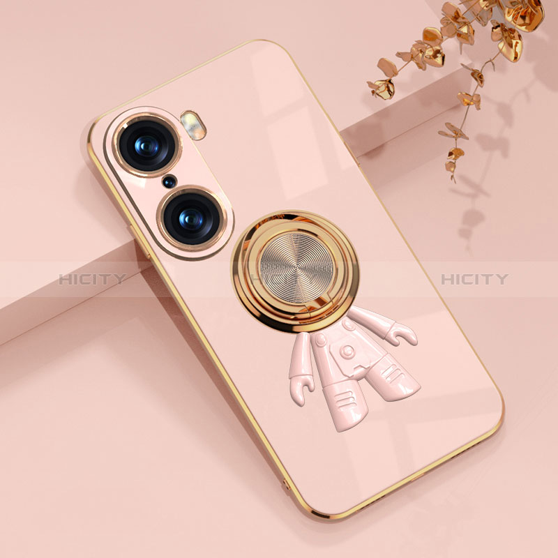 Custodia Silicone Ultra Sottile Morbida Cover con Magnetico Anello Supporto AN2 per Huawei Honor 60 Pro 5G Oro Rosa