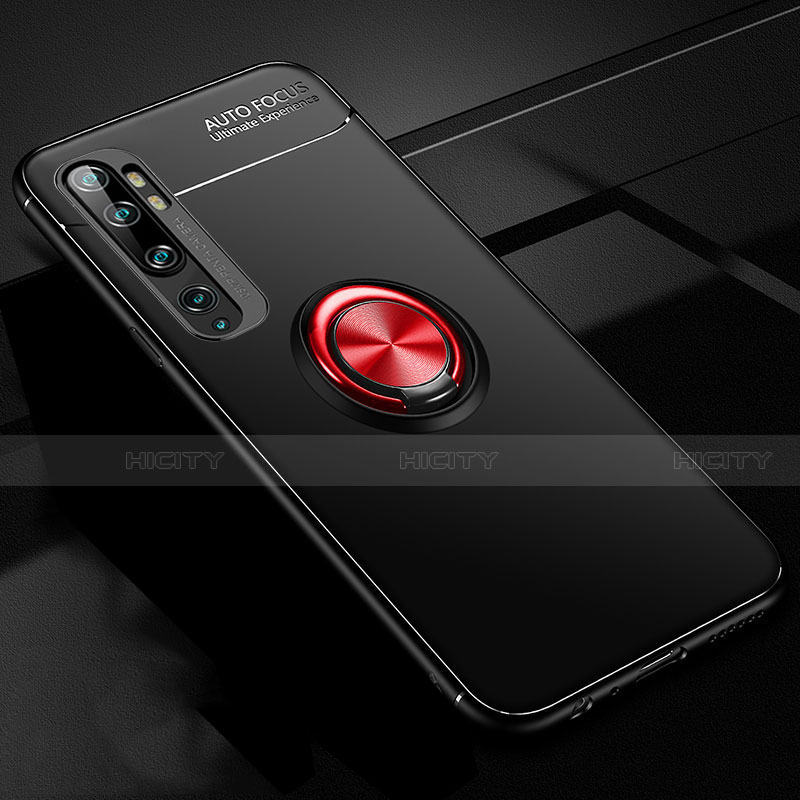 Custodia Silicone Ultra Sottile Morbida Cover con Magnetico Anello Supporto D02 per Xiaomi Mi Note 10 Pro Rosso e Nero