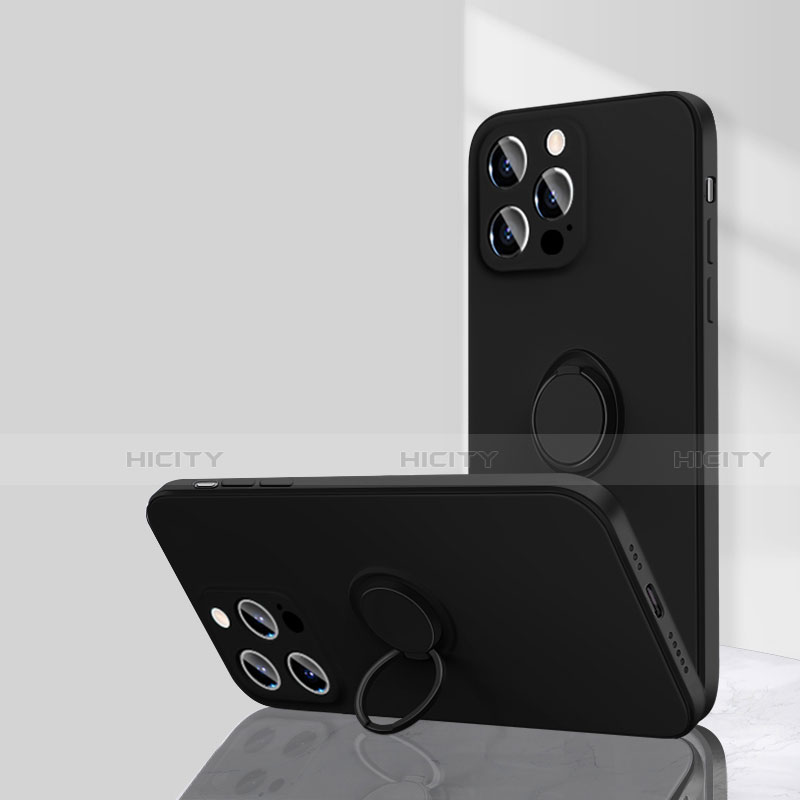 Custodia Silicone Ultra Sottile Morbida Cover con Magnetico Anello Supporto G01 per Apple iPhone 15 Pro Max Nero