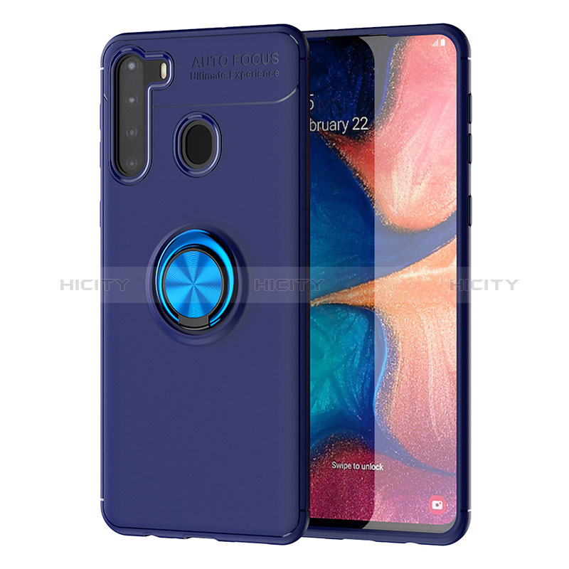 Custodia Silicone Ultra Sottile Morbida Cover con Magnetico Anello Supporto JM1 per Samsung Galaxy A21 Blu