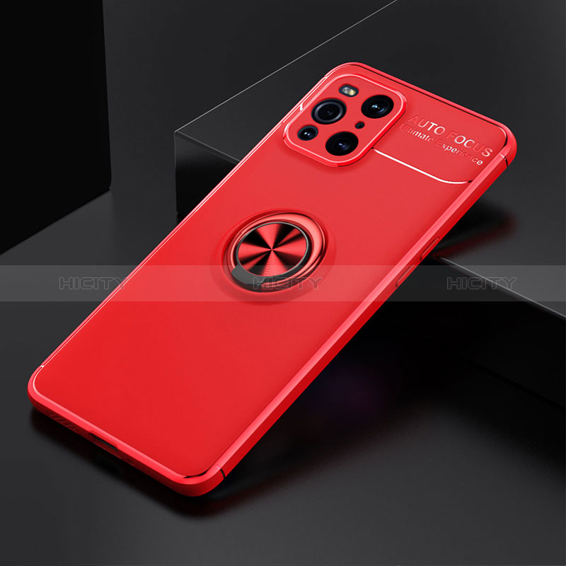 Custodia Silicone Ultra Sottile Morbida Cover con Magnetico Anello Supporto JM2 per Oppo Find X3 5G Rosso