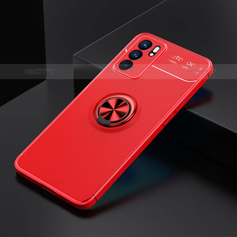 Custodia Silicone Ultra Sottile Morbida Cover con Magnetico Anello Supporto JM2 per Oppo Reno6 5G Rosso