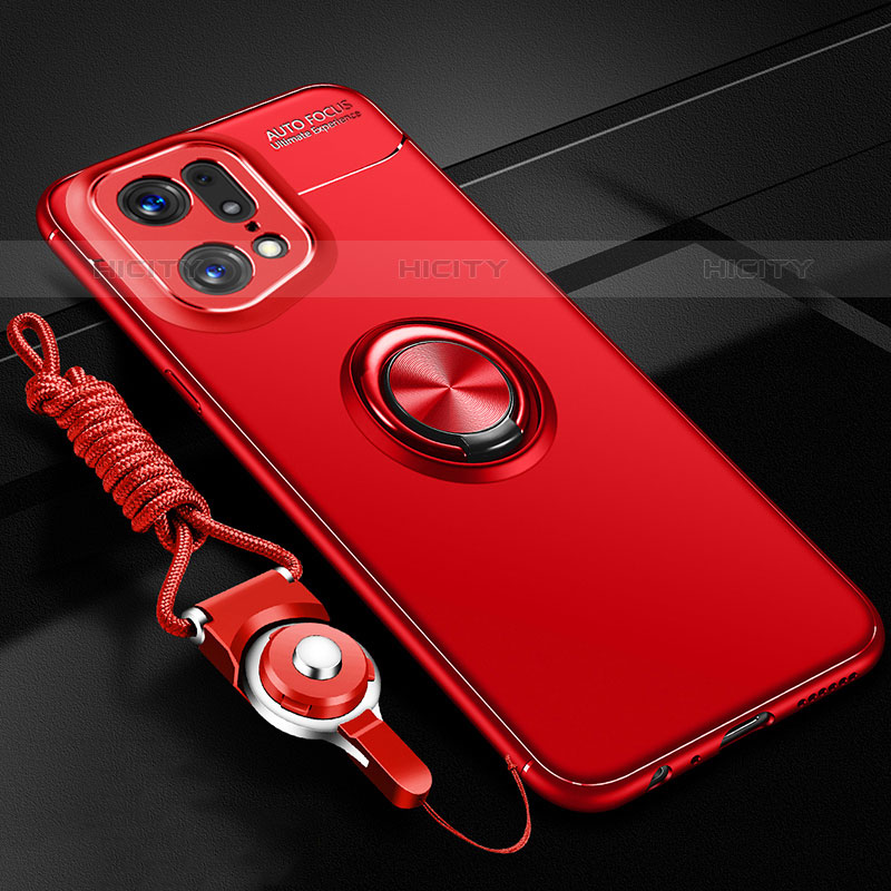 Custodia Silicone Ultra Sottile Morbida Cover con Magnetico Anello Supporto JM3 per Oppo Find X5 Pro 5G Rosso