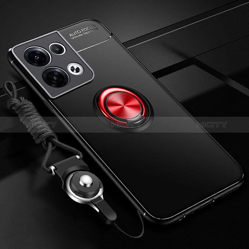 Custodia Silicone Ultra Sottile Morbida Cover con Magnetico Anello Supporto JM3 per Oppo Reno9 Pro+ Plus 5G Rosso e Nero