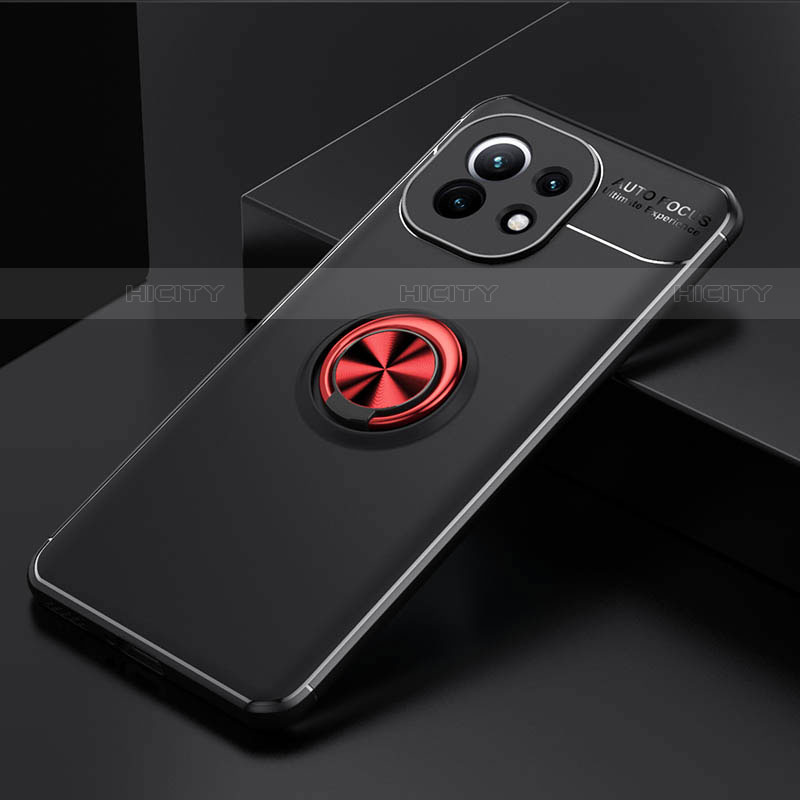 Custodia Silicone Ultra Sottile Morbida Cover con Magnetico Anello Supporto K01 per Xiaomi Mi 11 Lite 5G NE Rosso e Nero