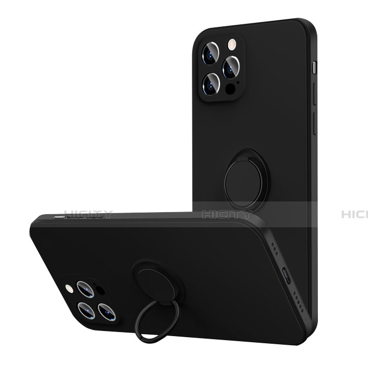 Custodia Silicone Ultra Sottile Morbida Cover con Magnetico Anello Supporto N01 per Apple iPhone 12 Pro Max Nero