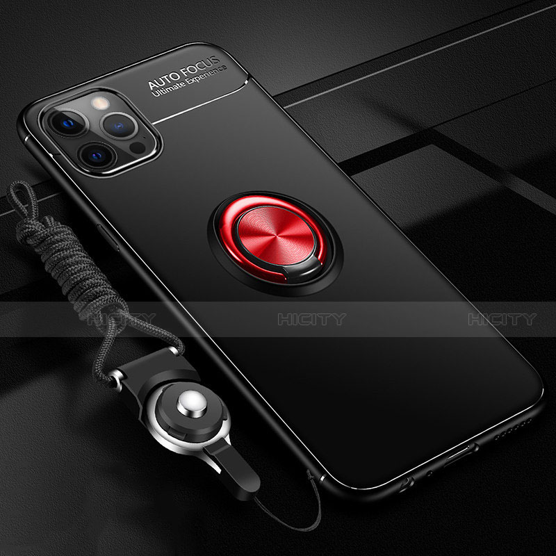 Custodia Silicone Ultra Sottile Morbida Cover con Magnetico Anello Supporto N03 per Apple iPhone 12 Pro Max Rosso e Nero