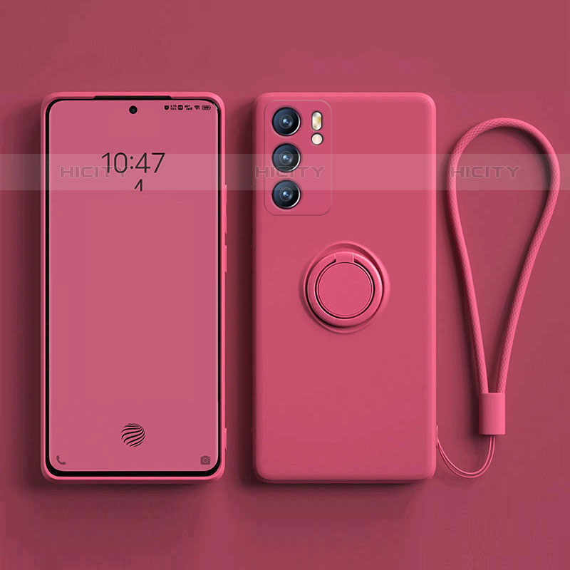 Custodia Silicone Ultra Sottile Morbida Cover con Magnetico Anello Supporto per Oppo Reno6 5G Rosa Caldo