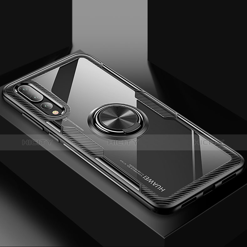 Custodia Silicone Ultra Sottile Morbida Cover con Magnetico Anello Supporto R01 per Huawei P20 Pro Nero