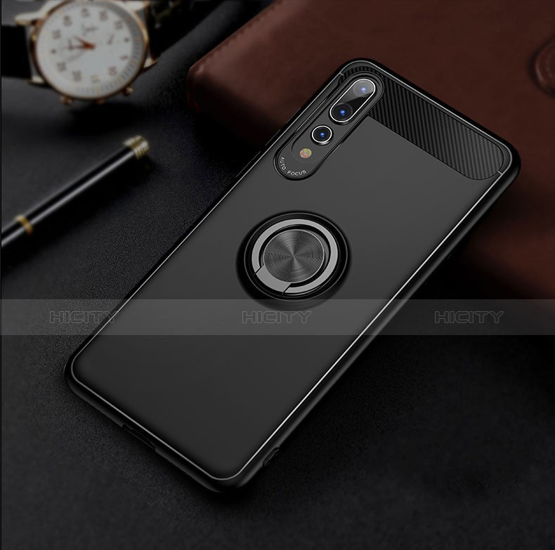 Custodia Silicone Ultra Sottile Morbida Cover con Magnetico Anello Supporto S01 per Huawei P20 Pro Nero