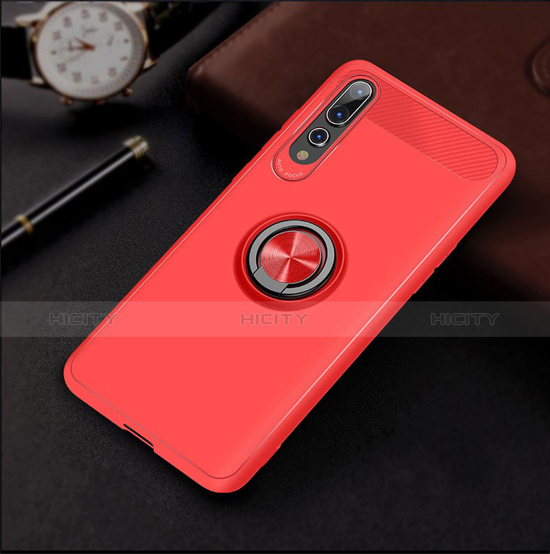 Custodia Silicone Ultra Sottile Morbida Cover con Magnetico Anello Supporto S01 per Huawei P20 Pro Rosso