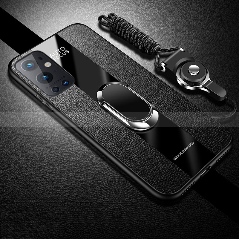 Custodia Silicone Ultra Sottile Morbida Cover con Magnetico Anello Supporto S01 per OnePlus 9 Pro 5G Nero