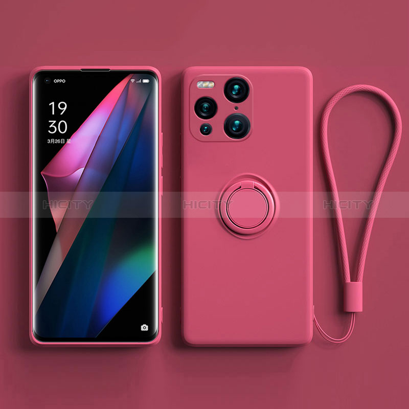 Custodia Silicone Ultra Sottile Morbida Cover con Magnetico Anello Supporto S01 per Oppo Find X3 5G Rosa Caldo