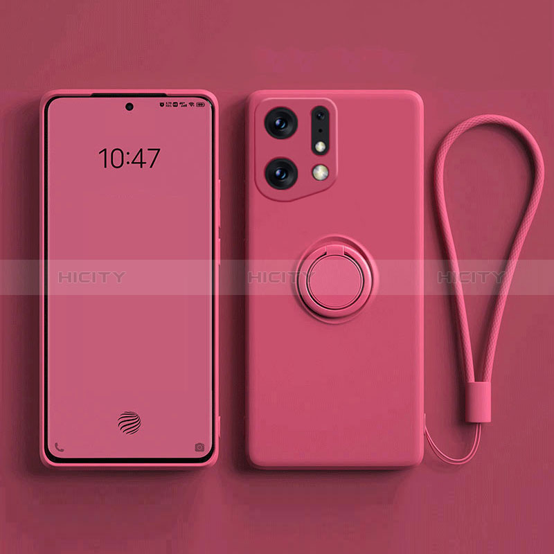 Custodia Silicone Ultra Sottile Morbida Cover con Magnetico Anello Supporto S01 per Oppo Find X5 5G Rosa Caldo