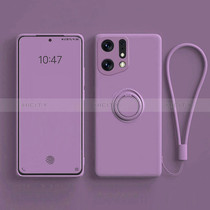 Custodia Silicone Ultra Sottile Morbida Cover con Magnetico Anello Supporto S01 per Oppo Find X5 5G Viola