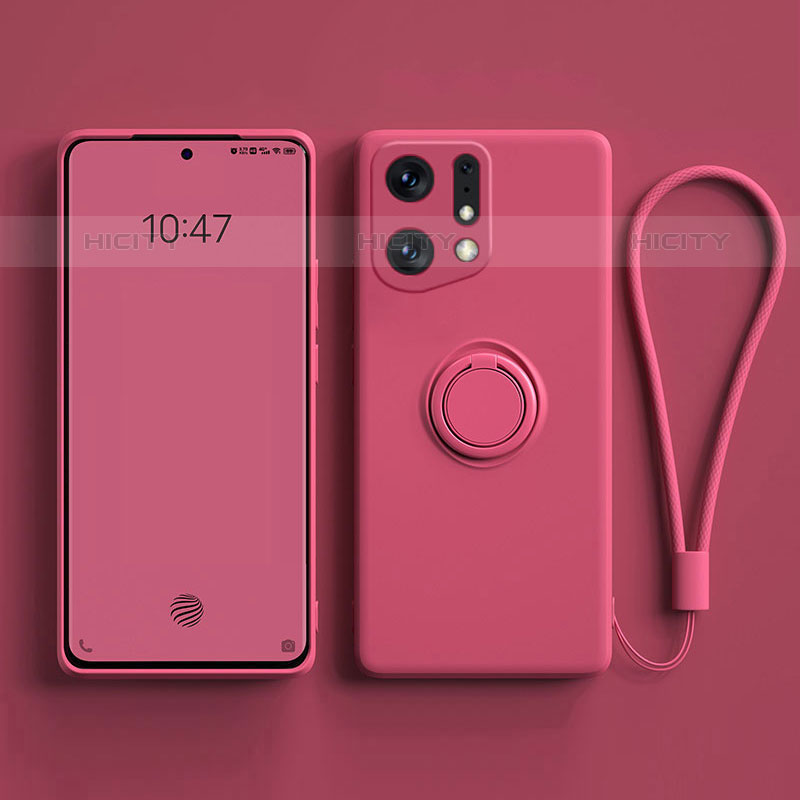 Custodia Silicone Ultra Sottile Morbida Cover con Magnetico Anello Supporto S01 per Oppo Find X5 Pro 5G Rosa Caldo