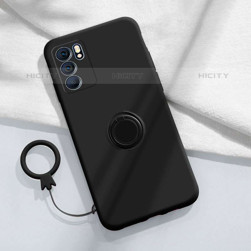 Custodia Silicone Ultra Sottile Morbida Cover con Magnetico Anello Supporto S01 per Oppo Reno6 Pro 5G India Nero