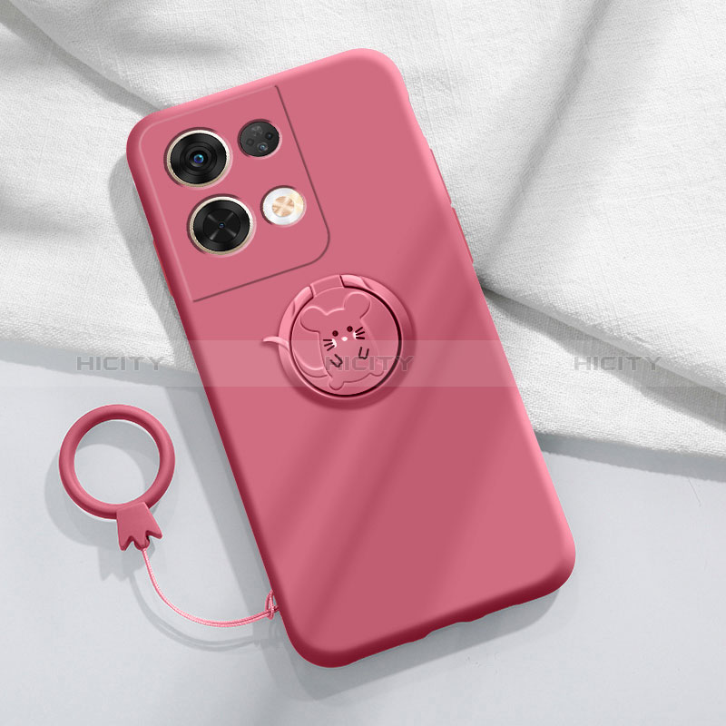 Custodia Silicone Ultra Sottile Morbida Cover con Magnetico Anello Supporto S01 per Oppo Reno9 Pro+ Plus 5G Rosa Caldo