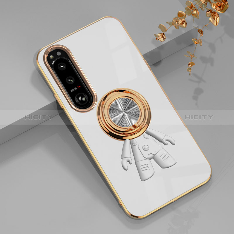 Custodia Silicone Ultra Sottile Morbida Cover con Magnetico Anello Supporto S01 per Sony Xperia 1 IV SO-51C Bianco