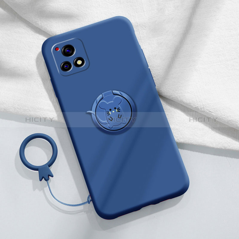 Custodia Silicone Ultra Sottile Morbida Cover con Magnetico Anello Supporto S01 per Vivo Y31s 5G Blu