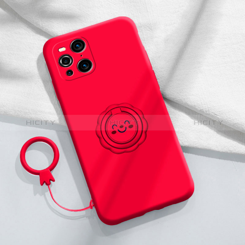 Custodia Silicone Ultra Sottile Morbida Cover con Magnetico Anello Supporto S02 per Oppo Find X3 5G Rosso