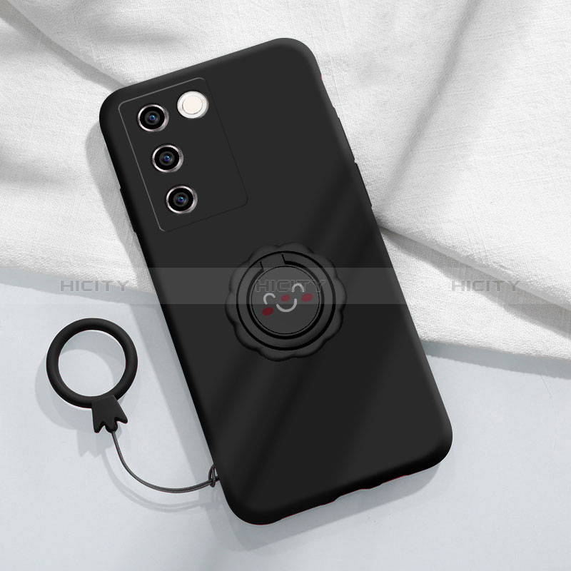 Custodia Silicone Ultra Sottile Morbida Cover con Magnetico Anello Supporto S02 per Vivo V27e 5G Nero