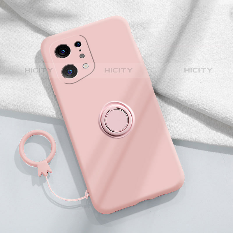 Custodia Silicone Ultra Sottile Morbida Cover con Magnetico Anello Supporto S04 per Oppo Find X5 Pro 5G Rosa